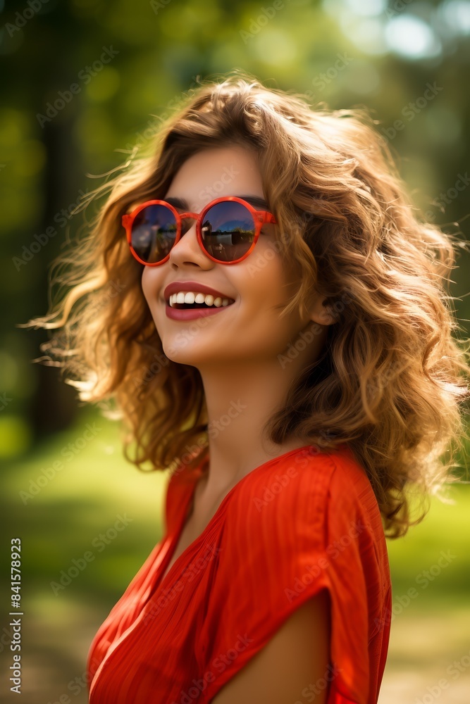 A smiling woman with curly hair wears red sunglasses and a red dress, standing outdoors in a sunny, green setting.
