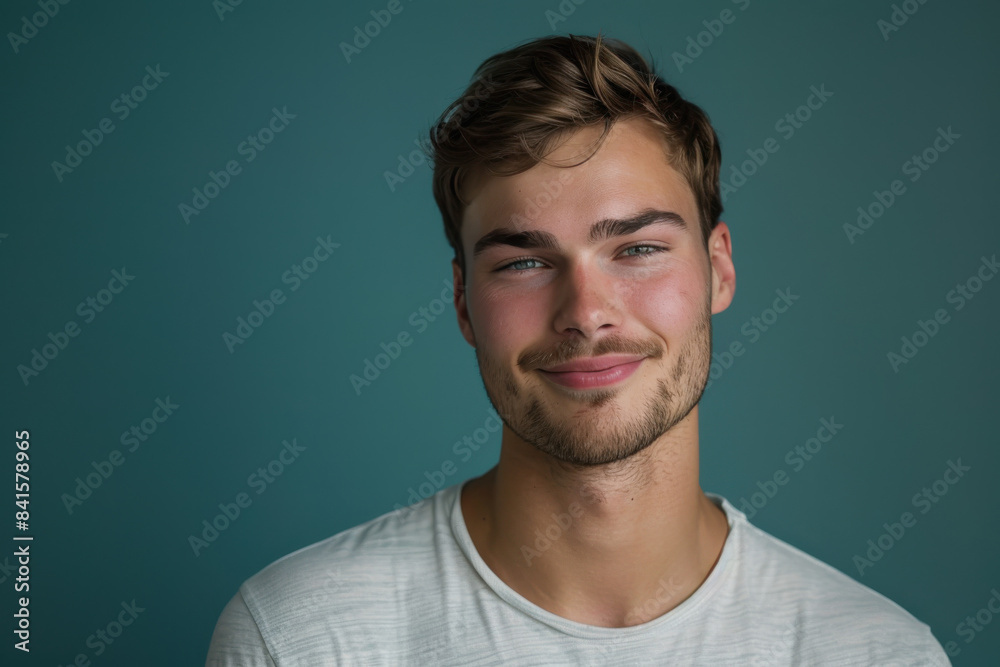 A close up portrait of a young man with a subtle smile A close up portrait of a young man with a subtle smile