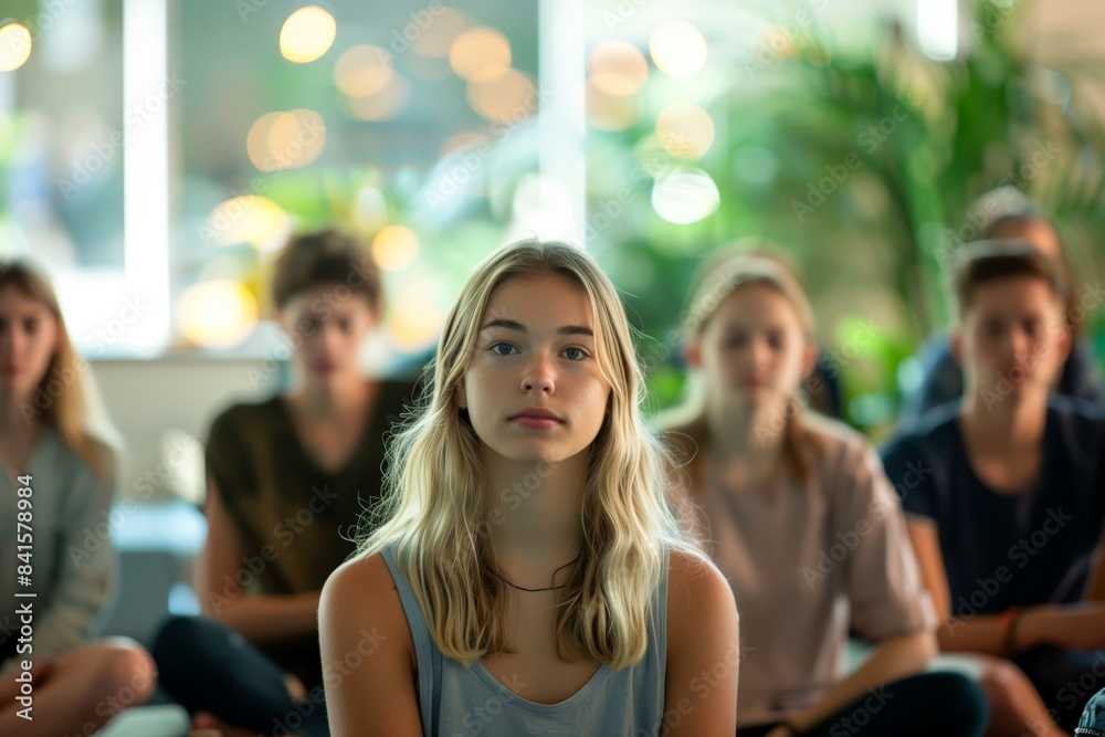Focused Young Woman in Group Meditation Session
