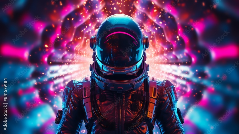 A futuristic astronaut stands against a vibrant, abstract background with intense colors and a cosmic vibe, evoking a sense of exploration and mystery. A futuristic astronaut stands against a vibrant, abstract background with intense colors and a cosmic vibe, evoking a sense of exploration and mystery.