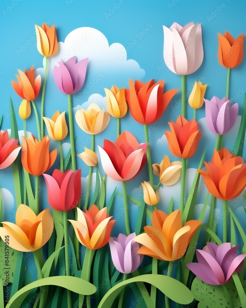 Vibrant illustration of colorful tulips under a blue sky with clouds, showcasing various shades of red, orange, yellow, and purple. Vibrant illustration of colorful tulips under a blue sky with clouds, showcasing various shades of red, orange, yellow, and purple.