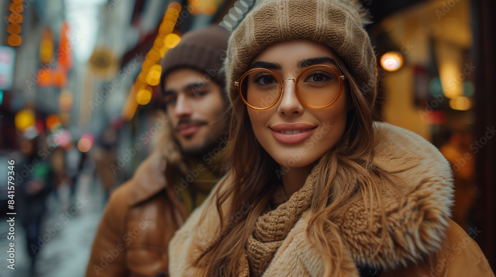 Couple in winter on the street of European city. Fashion shot. Holidays, smiling, shopping, autumn, hat, model, jacket Couple in winter on the street of European city. Fashion shot. Holidays, smiling, shopping, autumn, hat, model, jacket