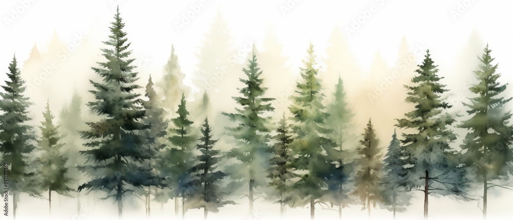 Fototapeta premium A serene watercolor painting of a dense forest with tall pine trees, shrouded in mist, creating a tranquil and ethereal atmosphere.