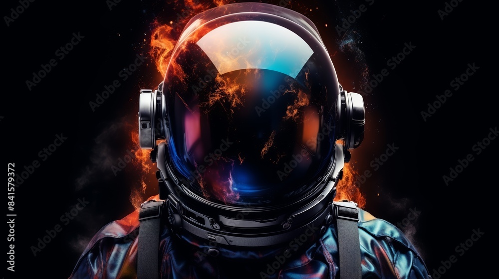 A futuristic astronaut stands in a dark environment with flames and vibrant colors reflecting in the visor, giving a sense of exploration and adventure. A futuristic astronaut stands in a dark environment with flames and vibrant colors reflecting in the visor, giving a sense of exploration and adventure.