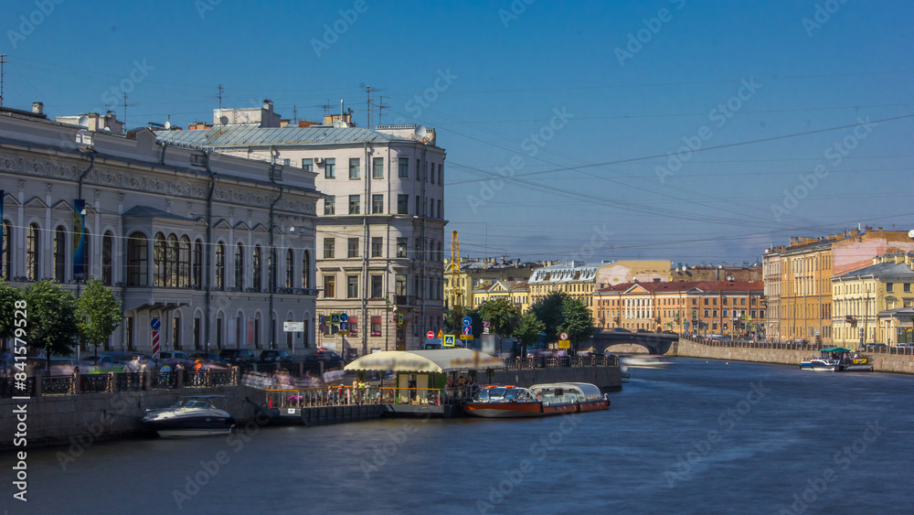Fototapeta premium Embankment of Fontanka River timelapse hyperlapse, view from the Anichkov bridge, Saint-Petersburg, Russia