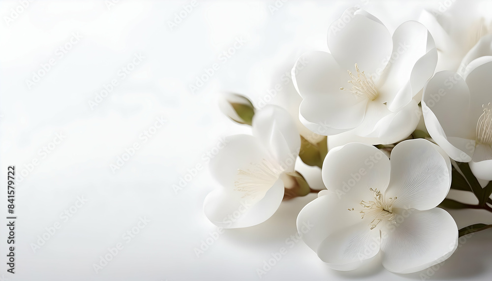 Clean and crisp concept, white flowers on a white background surface with empty space Clean and crisp concept, white flowers on a white background surface with empty space