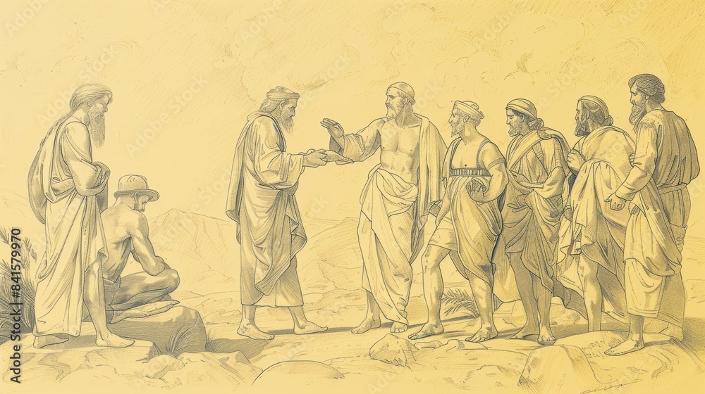 Fototapeta premium Covenant Renewal and Loss in Genesis 35: Jacob's Return, Rachel and Isaac's Deaths - Biblical Illustration on Beige Background with Copyspace for Faith-Based Themes
