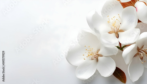 a white surface background with white flowers and empty space 