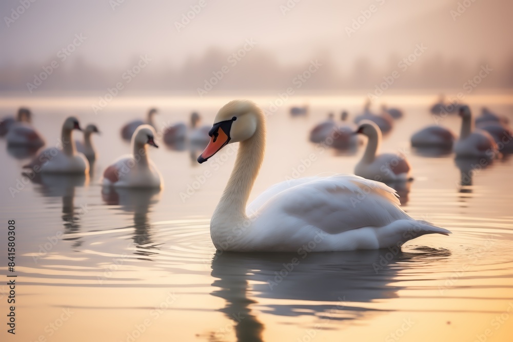 A group of swans gracefully glides on a serene lake during a misty sunrise, creating a tranquil and picturesque scene.