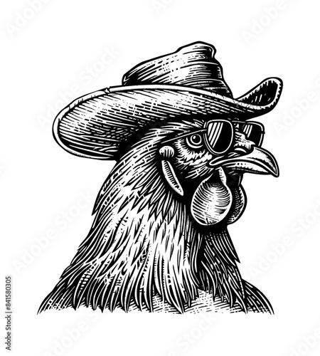 rooster cowboy sunglasses engraving black and white outline