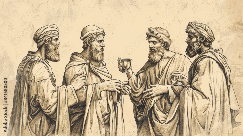 Fototapeta premium Sacrifice and Revelation in Genesis 44: Brothers Tested, Judah's Plea, Joseph's Identity - Biblical Illustration on Beige Background with Copyspace for Faith-Based Themes