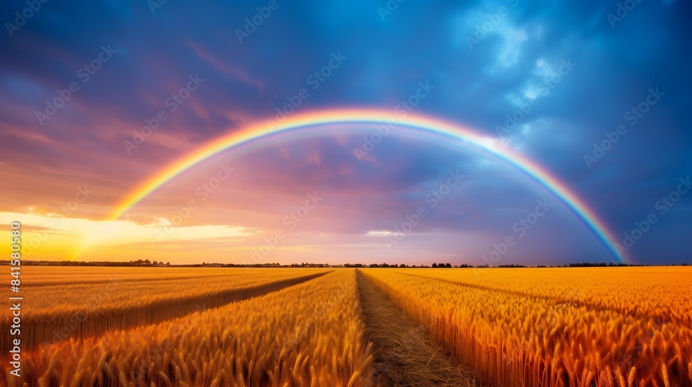 Naklejka premium A vibrant rainbow arcs over a golden wheat field at sunset, with dramatic clouds filling the sky.