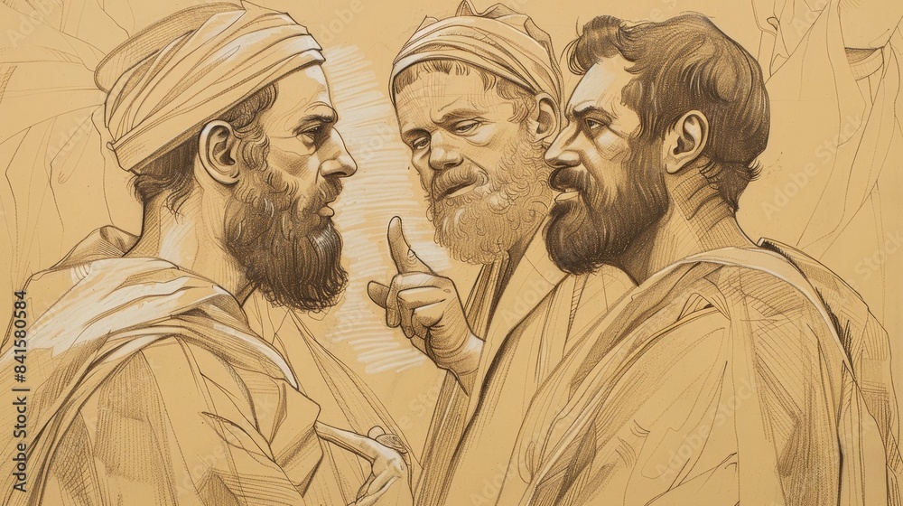 Fototapeta premium Anger and Response in Job 32: Elihu, Self-Righteousness - Biblical Illustration on Beige Background with Copyspace for Faith-Based Themes