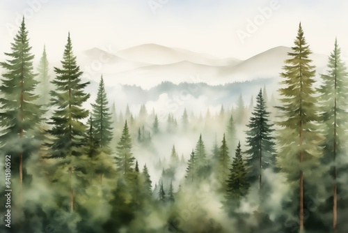 Misty forest landscape with tall evergreen trees and distant, hazy mountains under a soft, cloudy sky.