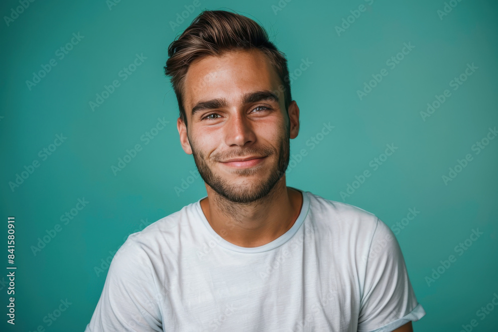 A close up portrait of a young man with a subtle smile A close up portrait of a young man with a subtle smile