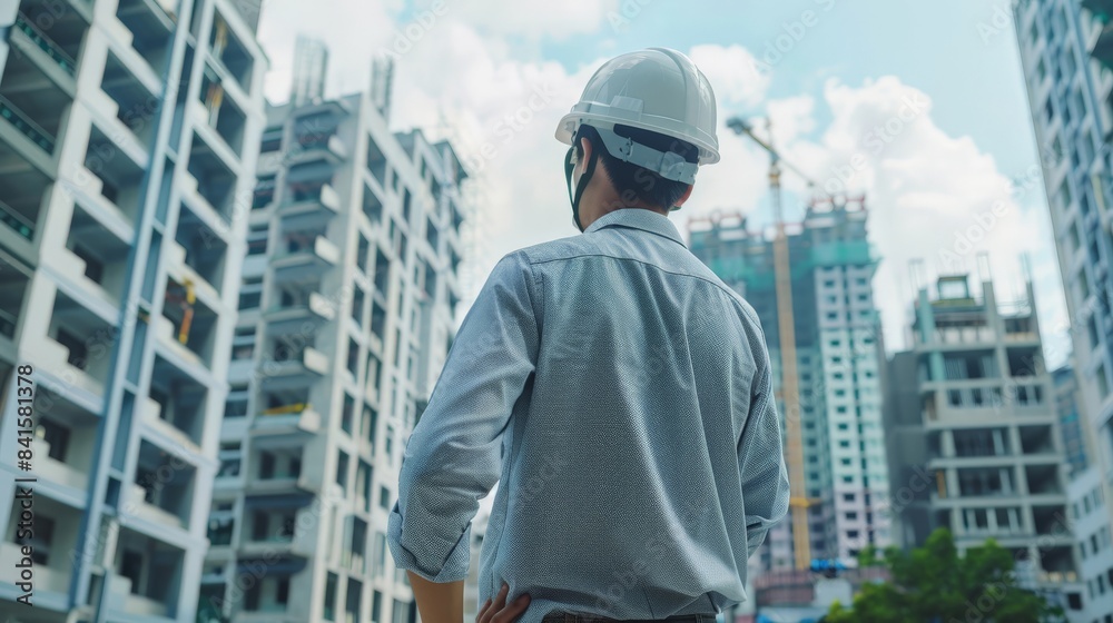 Young Asian engineer with a white helmet watching over the construction of a modern residential building Young Asian engineer with a white helmet watching over the construction of a modern residential building