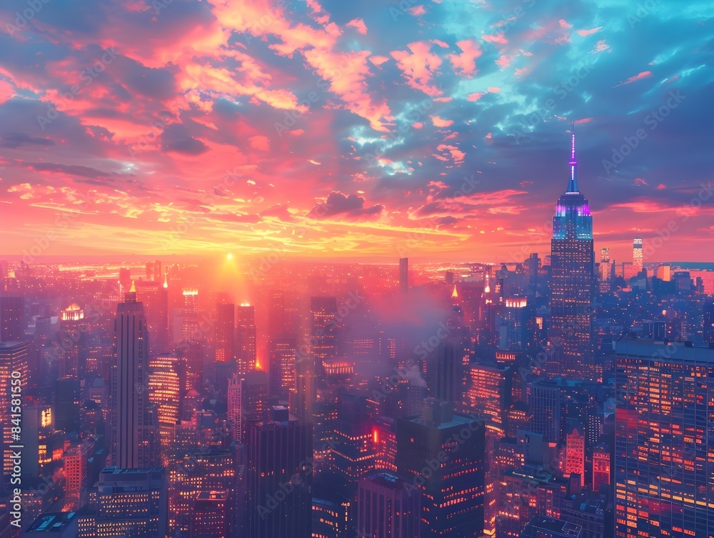 Fototapeta premium Dramatic Cityscape Sunset with Vibrant Skyscrapers and Colorful Sky