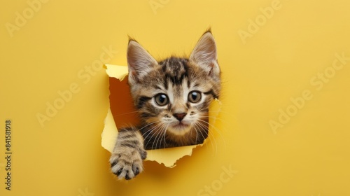 A cute little cat with peeking through a hole in a sunny yellow paper wall, custom banner