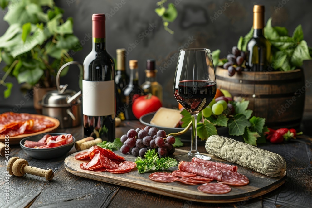 A table with a variety of meats and cheeses, a bottle of wine