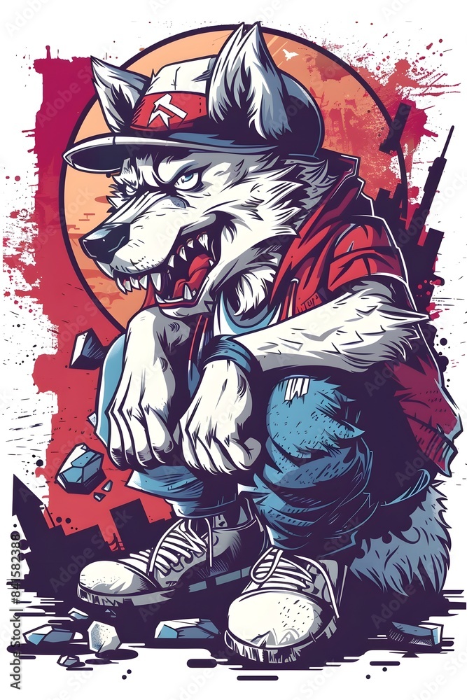 Obraz premium Fierce Samurai Wolf Warrior with Fangs and Claws Unleashing Adrenaline Fueled Attack