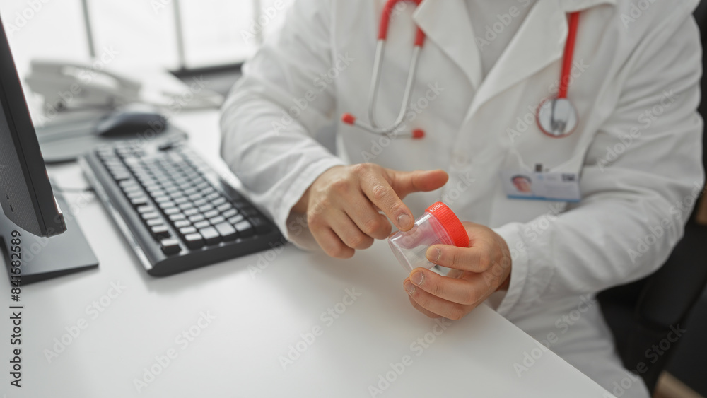 Man in a clinic holds a lab container while sitting at a desk with a computer and medical equipment, implying a professional healthcare setting.