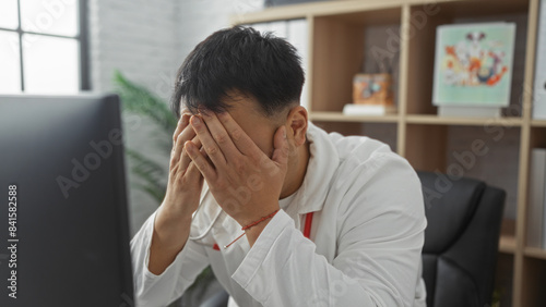 Handsome young chinese male doctor in a clinic room looking stressed, covering his face with his hands, epitomizing burnout in a medical workplace.