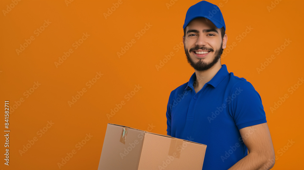 Half-body HDR image of a smiling courier in blue uniform carrying a cardboard box against a orange background, isolated on the right. Depicts efficient delivery services and customer satisfaction Half-body HDR image of a smiling courier in blue uniform carrying a cardboard box against a orange background, isolated on the right. Depicts efficient delivery services and customer satisfaction
