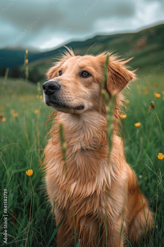 Golden retriever in green meadow with colorful flowers, gazing at serene mountain view