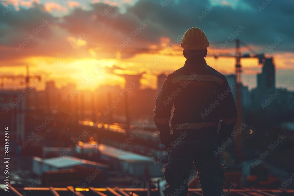 Urban Development: Construction Worker with Safety Gear on Site Urban Development: Construction Worker with Safety Gear on Site