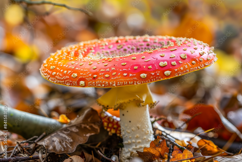 Red, yellow amanita mushroom hidden among leaves Red, yellow amanita mushroom hidden among leaves