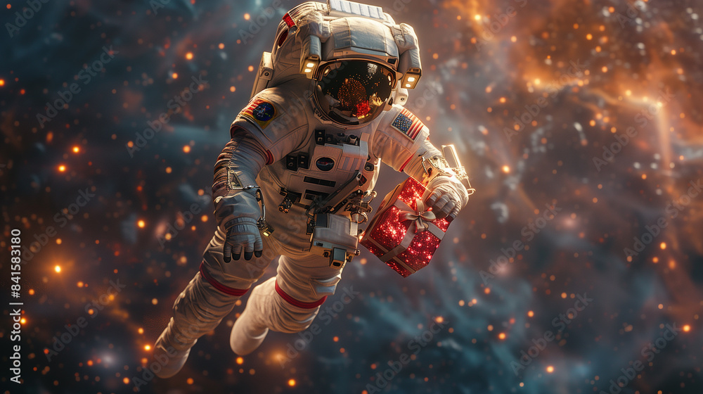 Fototapeta premium Spaceman holding red gift box in space.