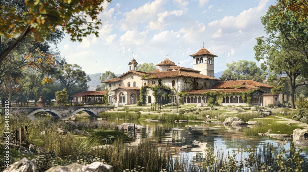 Design a picture of a peaceful monastery set in a tranquil landscape, emphasizing the serene and spiritual architecture. Design a picture of a peaceful monastery set in a tranquil landscape, emphasizing the serene and spiritual architecture.