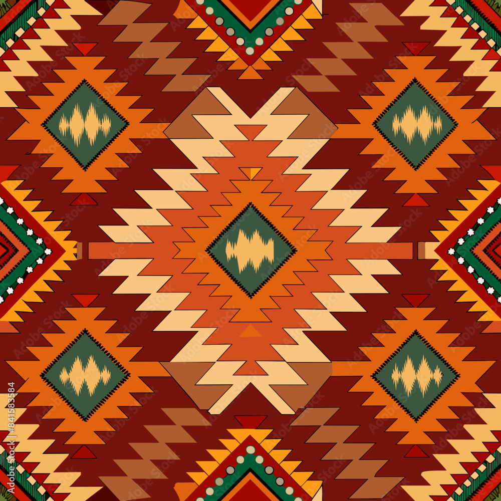 A symmetrical geometric pattern features a combination of diamonds and triangles in earthy tones A symmetrical geometric pattern features a combination of diamonds and triangles in earthy tones