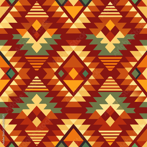 A symmetrical geometric pattern features a combination of diamonds and triangles in earthy tones photo