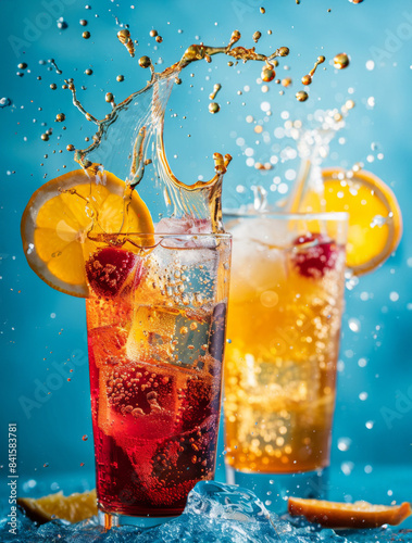 Summer cool fruity refreshing cocktails with splashes in tall glasses on a blue background