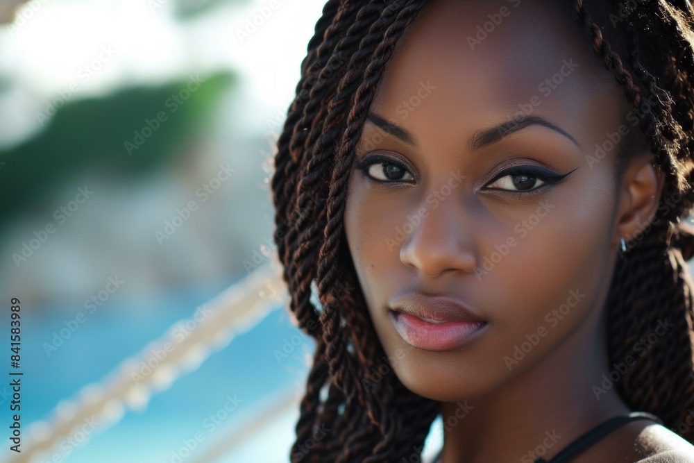Portrait of a serene young adult woman with braided hair. Subtle makeup. And a peaceful facial expression. Showcasing elegance. Confidence. And cultural identity in a contemporary and stylish fashion Portrait of a serene young adult woman with braided hair. Subtle makeup. And a peaceful facial expression. Showcasing elegance. Confidence. And cultural identity in a contemporary and stylish fashion