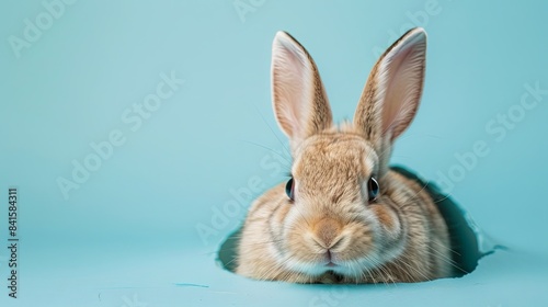 Cute easter bunny peeking through a hole in a blue paper wall with copy space