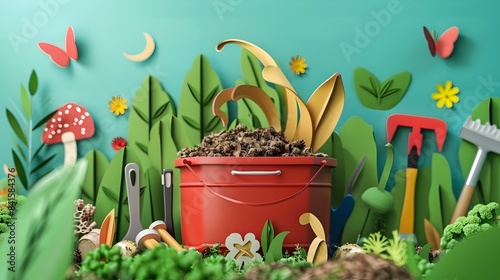 Minimal Paper Cut Style of Compost Bin Filled with Organic Waste and Garden Tools Nearby