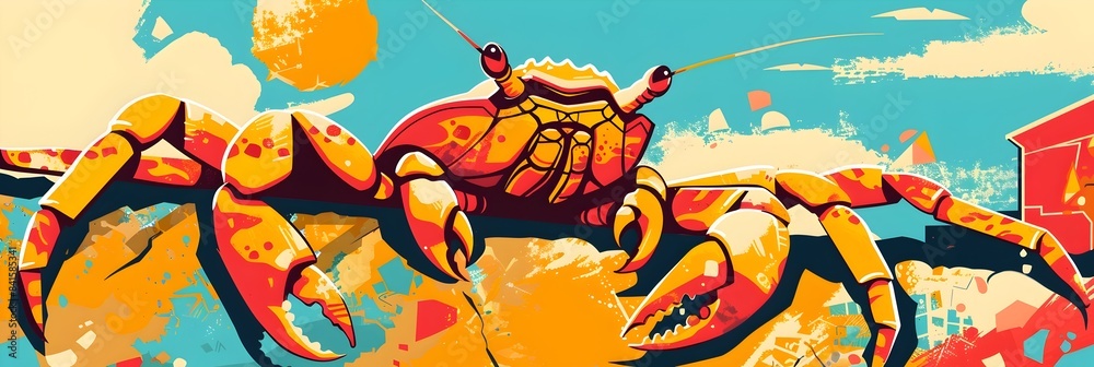 Rebellious Crab Mascot in Retro T Shirt with Graffiti Urban Landscape