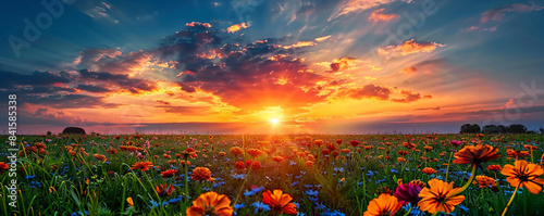 Kaleidoscope of colors sunset over flower field. photo