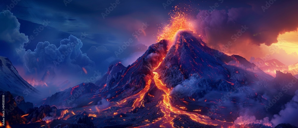 A volcano erupts at night, spewing molten lava down its sides, showcasing the awesome power and energy ready to explode.