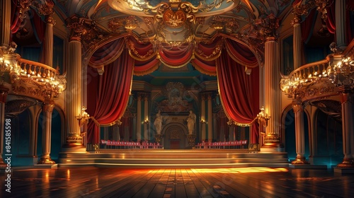 Design a scene of a grand opera house with ornate decorations and a majestic stage, showcasing the beauty of performance arts buildings.