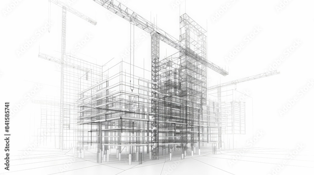 Wireframe vector illustration of a skyscraper under construction with cranes and scaffoldings highlighted, showcasing architectural and engineering details.