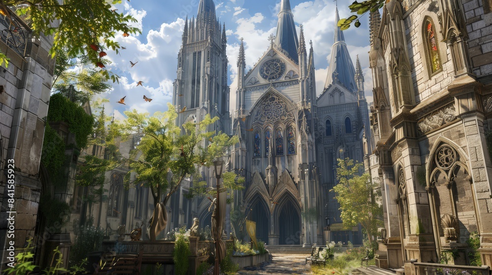 Design a scene of a historic cathedral with towering spires and stained glass windows, showcasing the grandeur of religious architecture. Design a scene of a historic cathedral with towering spires and stained glass windows, showcasing the grandeur of religious architecture.