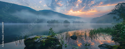 Misty dawn at Lacu Rosu lake, Romania.