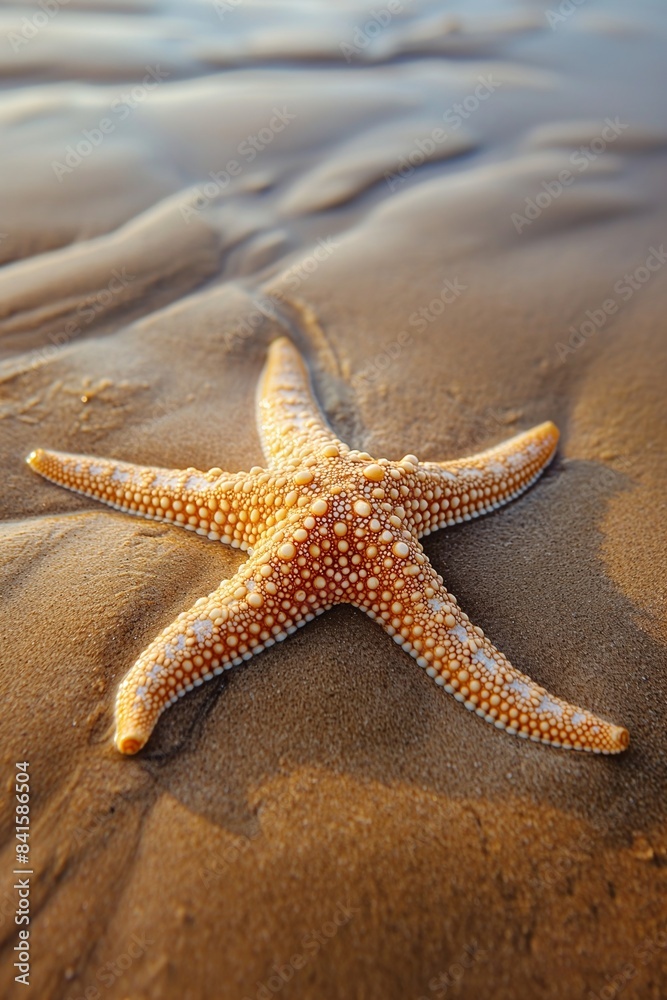 Starfish on a wet sandy beach, closeup view. Summer vacation and travel concept. Design for poster, wallpaper, banner with copy space. Starfish on a wet sandy beach, closeup view. Summer vacation and travel concept. Design for poster, wallpaper, banner with copy space.