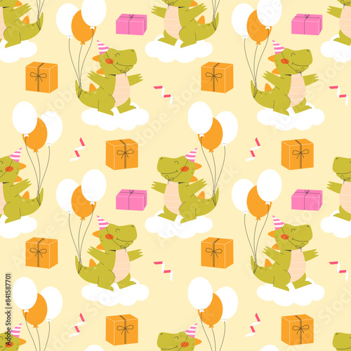 Childrens animals background. Children's seamless pattern with dinosaurs, balloons, gifts