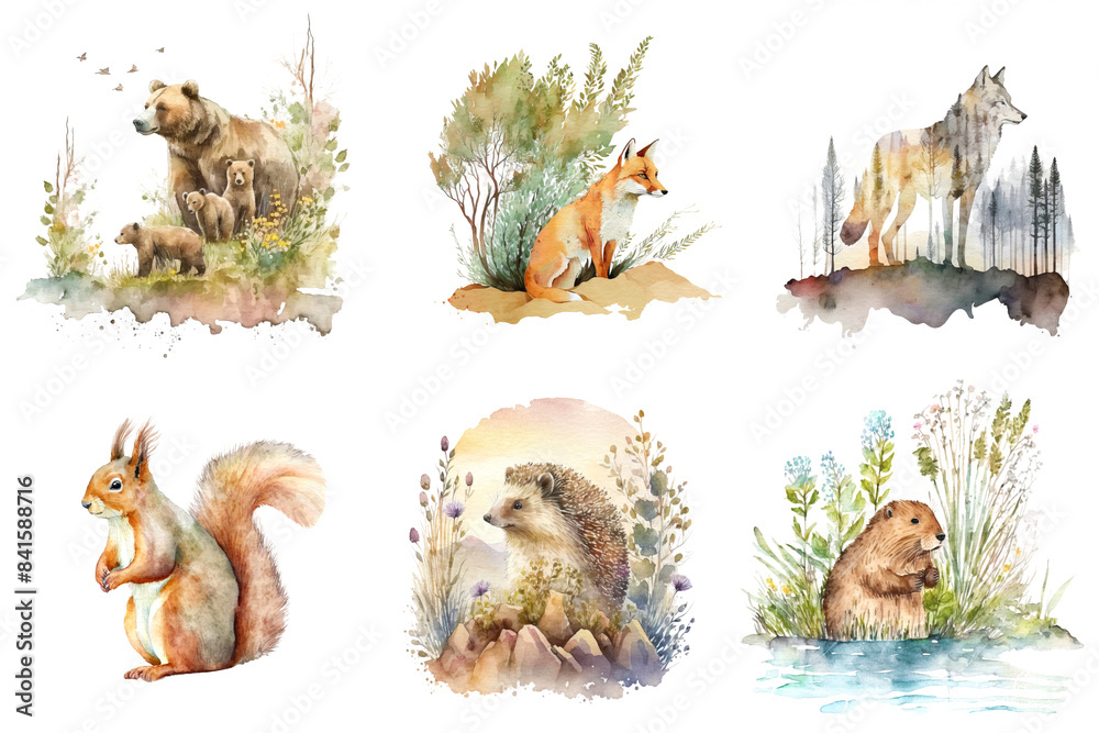 Obraz premium Woodland animals watercolor clipart. A mother bear with cubs, a fox, a wolf, a squirrel, a hedgehog and a beaver.Animals in their natural habitat.Set of watercolor images isolated on white background.