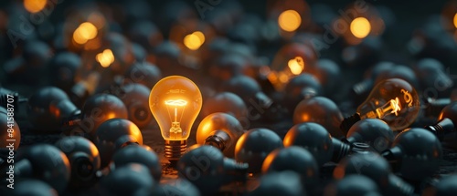 A background of glowing light bulbs symbolising ideas and inspiration The light bulb in the centre shines brightly, while the others nearby are dimmed or switched off. Free space to design  photo