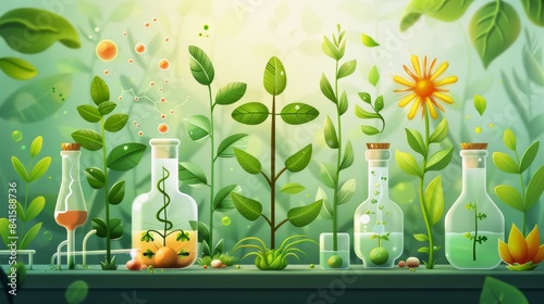 Illustration of plants and scientific equipment in a laboratory setting, highlighting plant research.